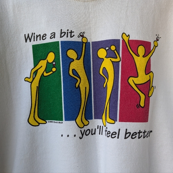 VTG 90s Hanes ComfortBlend Wine A Bit You'll Feel Better White Crew Sweatshirt - Picture 2 of 5